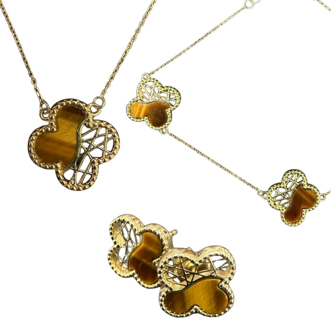Pulsera, Gargantilla Y Aretes Trébol Oro 10 Kilates.