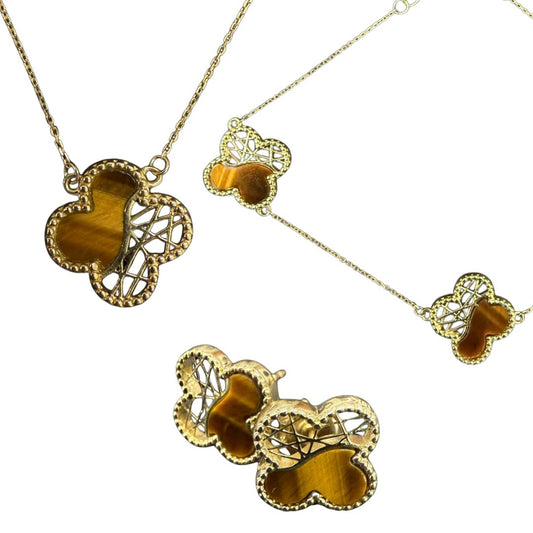 Pulsera, Gargantilla Y Aretes Trébol Oro 10 Kilates.